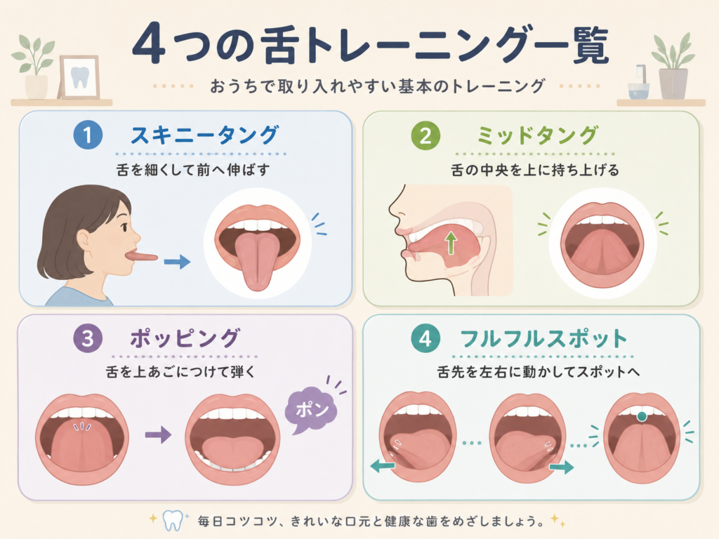 スキニータング・ミッドタング・ポッピング・フルフルスポットの4つの舌トレーニング