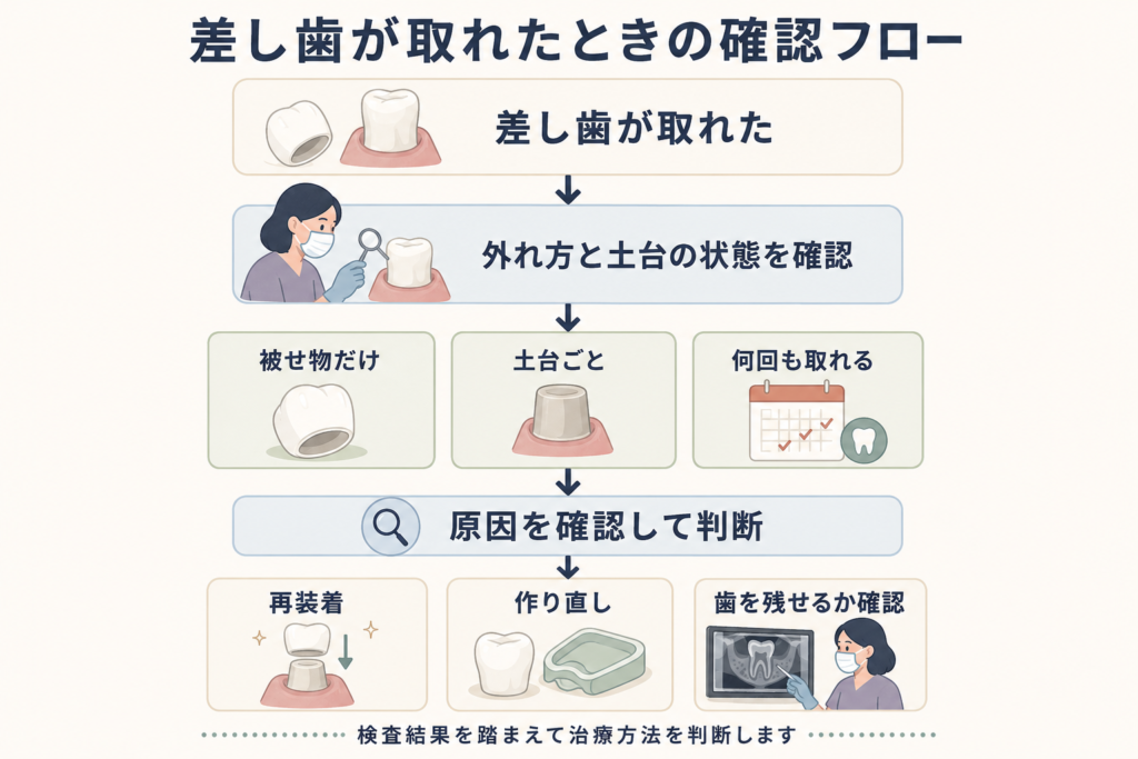 差し歯が取れたときに外れ方と土台の状態を確認し、再装着・作り直し・歯を残せるかを判断する流れ